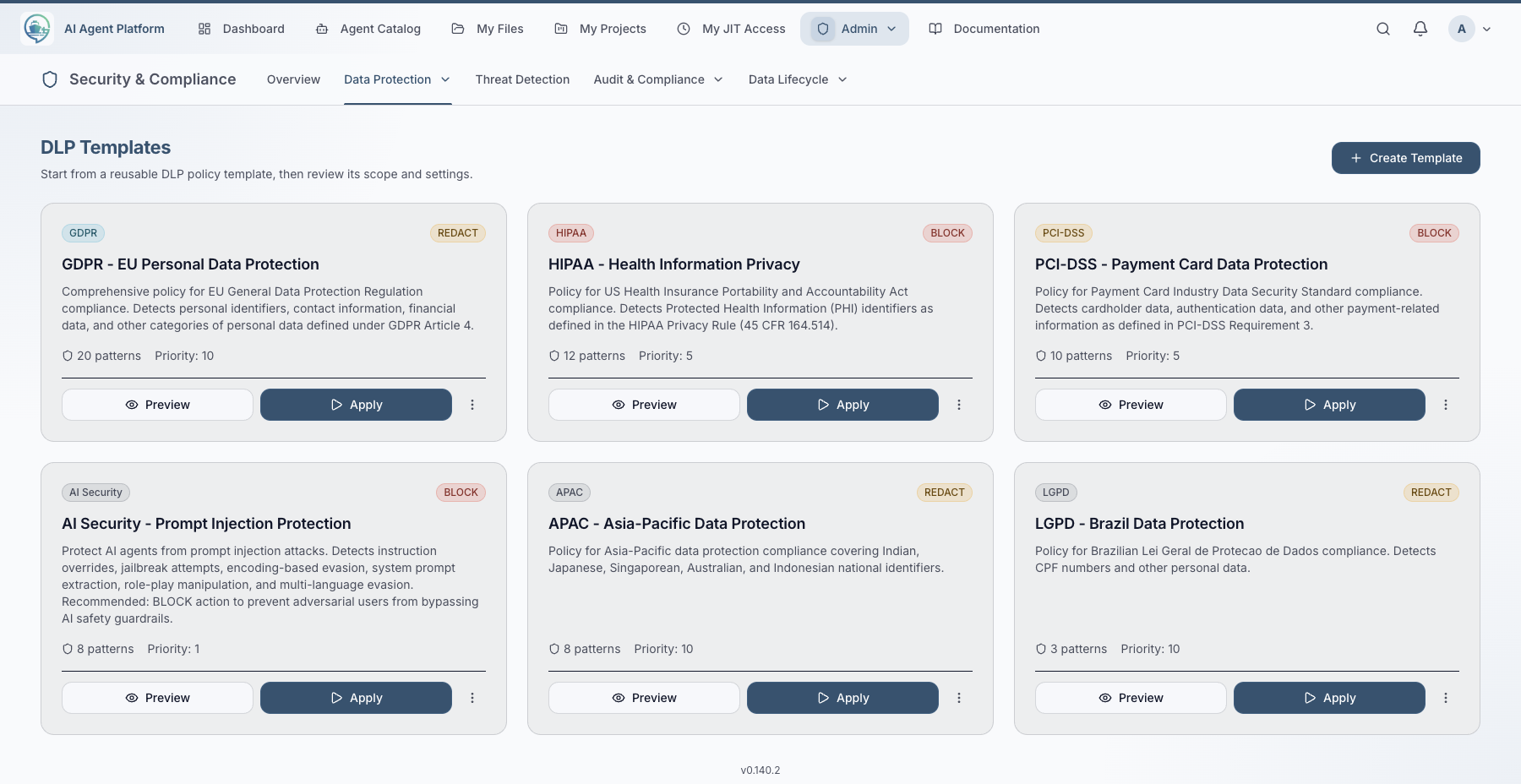 Pristan DLP templates showing configurable redact and block actions for personal data, health information, and payment card data