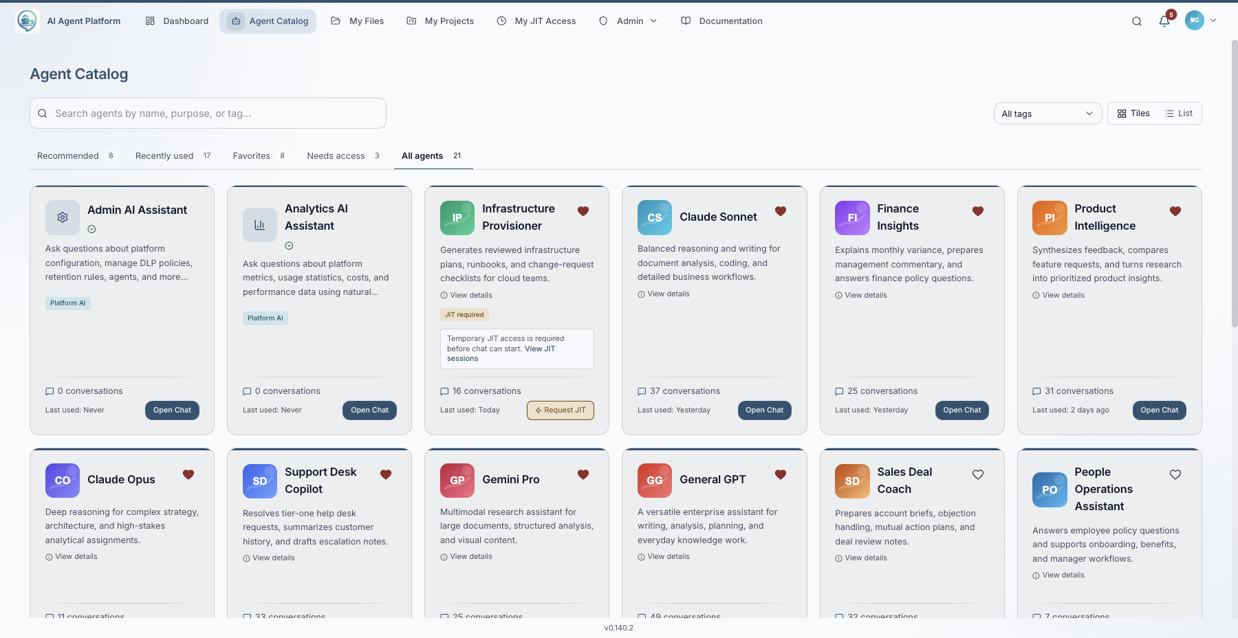 All Agents catalog showing 21 approved agents with descriptions, tags, and chat actions